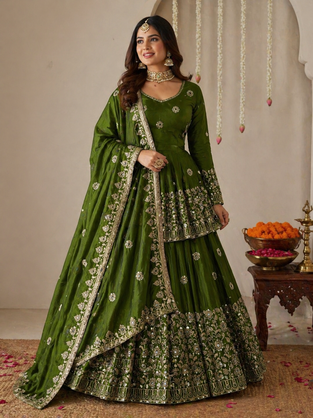 Bottle Green Lehenga with Gold Embroidery